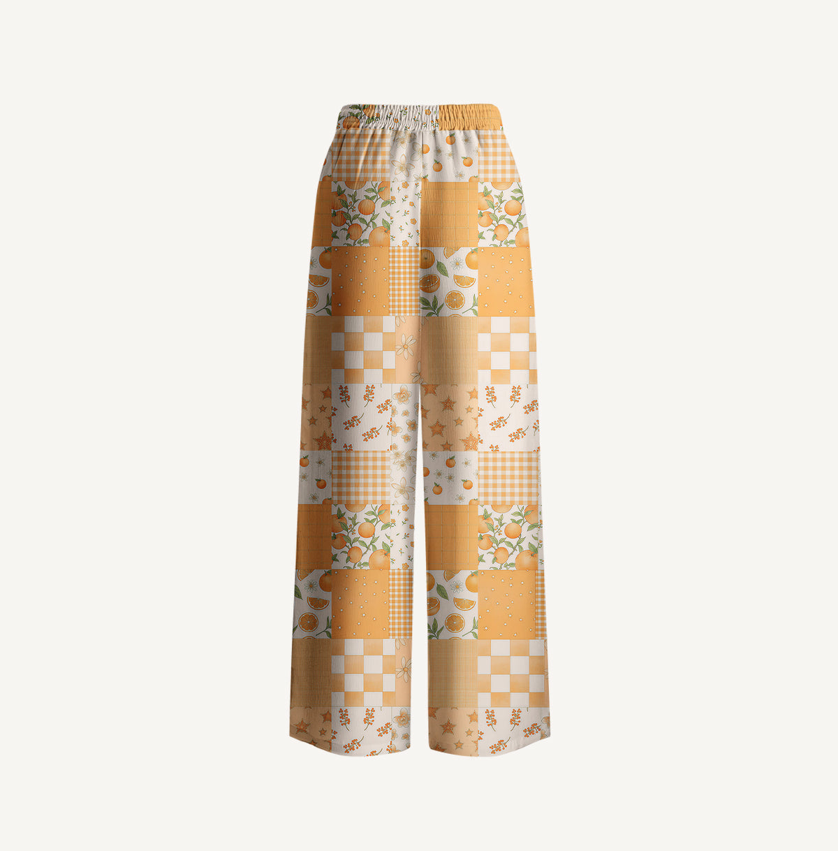 Lemon Sunshine Patchwork Print Wide Leg Tie Waist Pants With Pockets