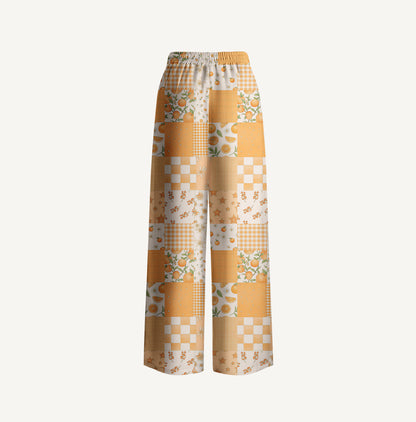 Lemon Sunshine Patchwork Print Wide Leg Tie Waist Pants With Pockets