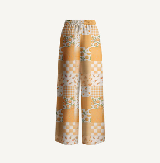 Lemon Sunshine Patchwork Print Wide Leg Tie Waist Pants With Pockets