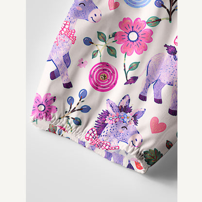Strawberry Blossom Donkeys Print Boho Tie‑Neck Smock Mini Dress