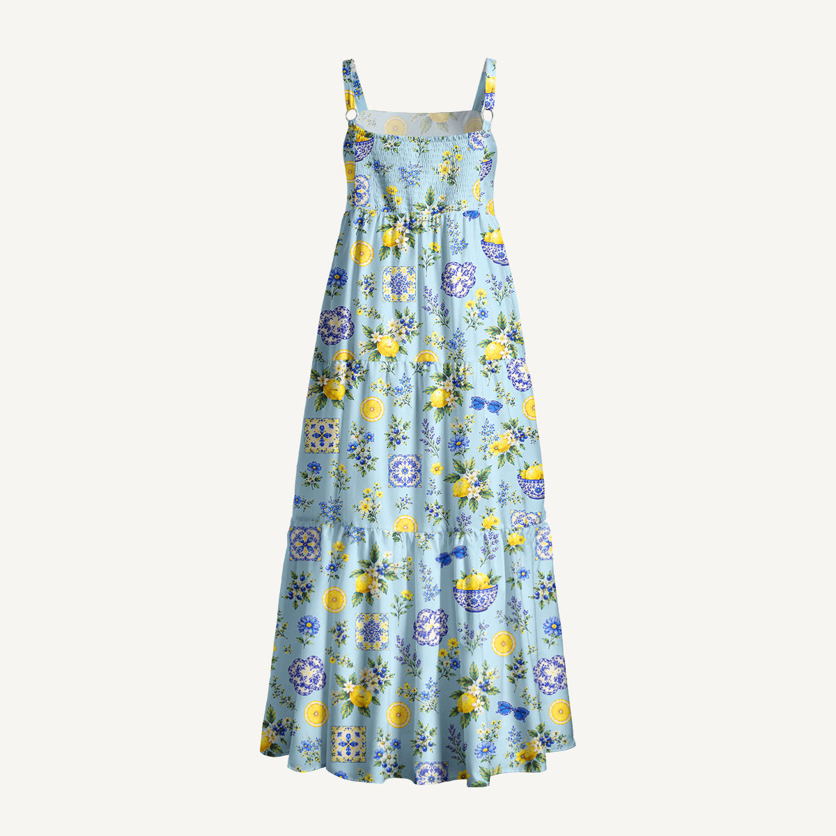 Mediterranean Lemon Garden Print Wide Straps Maxi Dress With Pockets
