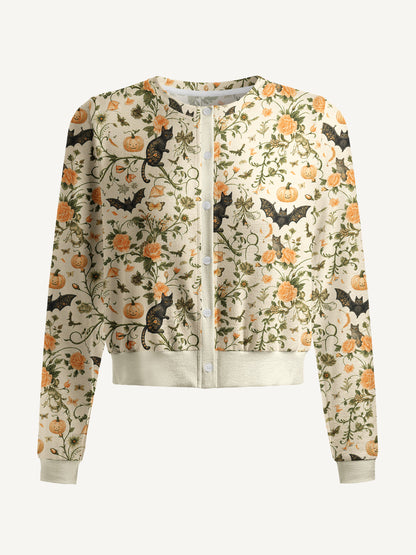 Lightweight Crew Neck Long‑Sleeve Cropped Pastoral Pumpkin Cat Print Fine‑Knit Cardigan