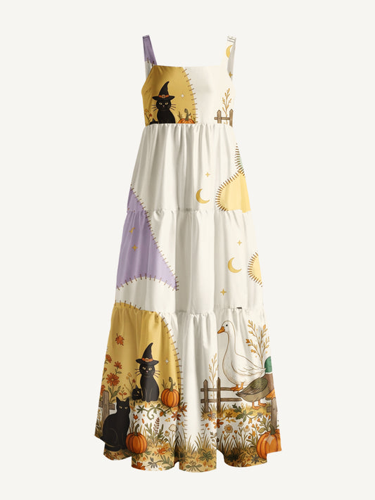 Pumpkin Farm Black Cat Magic Print Wide Straps Maxi Dress With Pockets