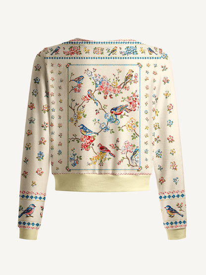 Lightweight Crew Neck Long‑Sleeve Cropped Vintage Floral Songbirds Print Fine‑Knit Cardigan
