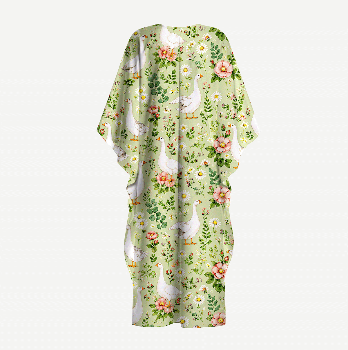 Pastoral Goose Garden Print Kimono Sleeve Kaftan Dress