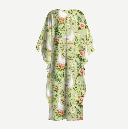 Pastoral Goose Garden Print Kimono Sleeve Kaftan Dress