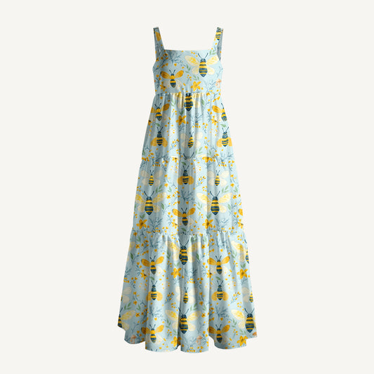 Vintage Floral Bees Print Wide Straps Maxi Dress With Pockets