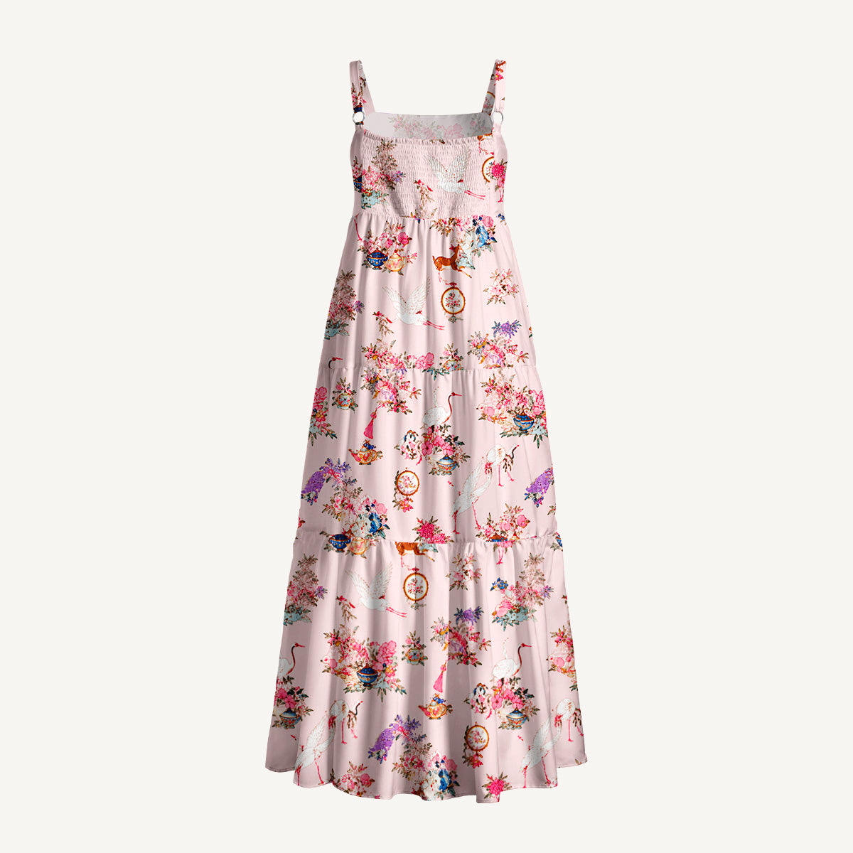 Vintage Oriental Crane Print Wide Straps Maxi Dress With Pockets