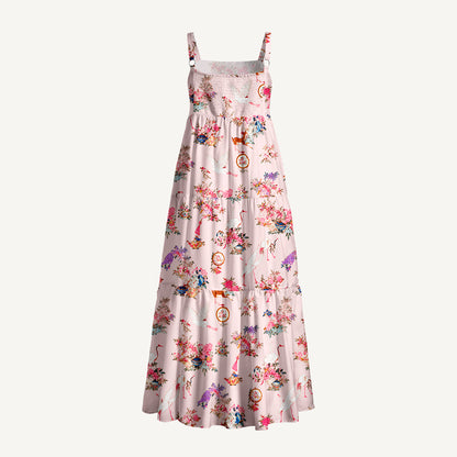Vintage Oriental Crane Print Wide Straps Maxi Dress With Pockets