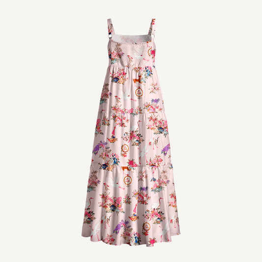 Vintage Oriental Crane Print Wide Straps Maxi Dress With Pockets