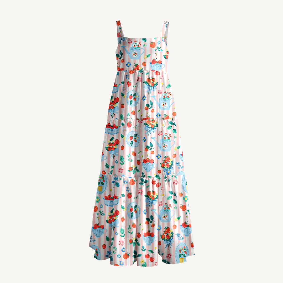 Strawberry Cup Garden Print Wide Straps Maxi Dress With Pockets