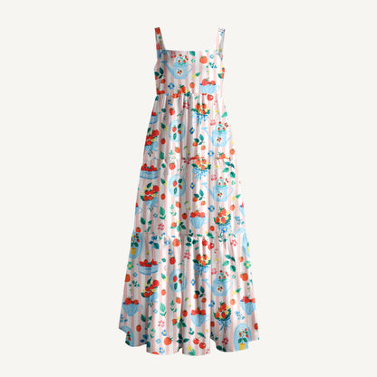 Strawberry Cup Garden Print Wide Straps Maxi Dress With Pockets