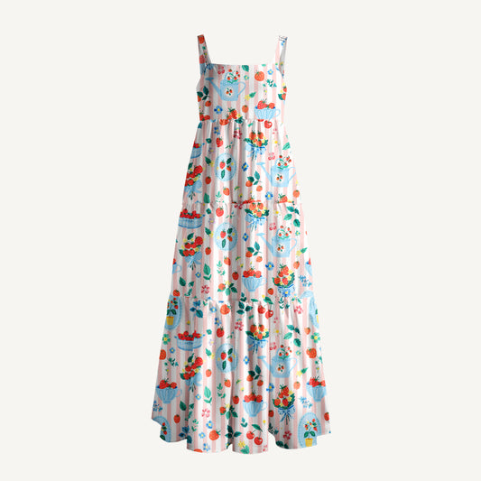 Strawberry Cup Garden Print Wide Straps Maxi Dress With Pockets