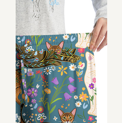 Colorful Garden Cat Pattern Print Wide Leg Tie Waist Pants With Pockets