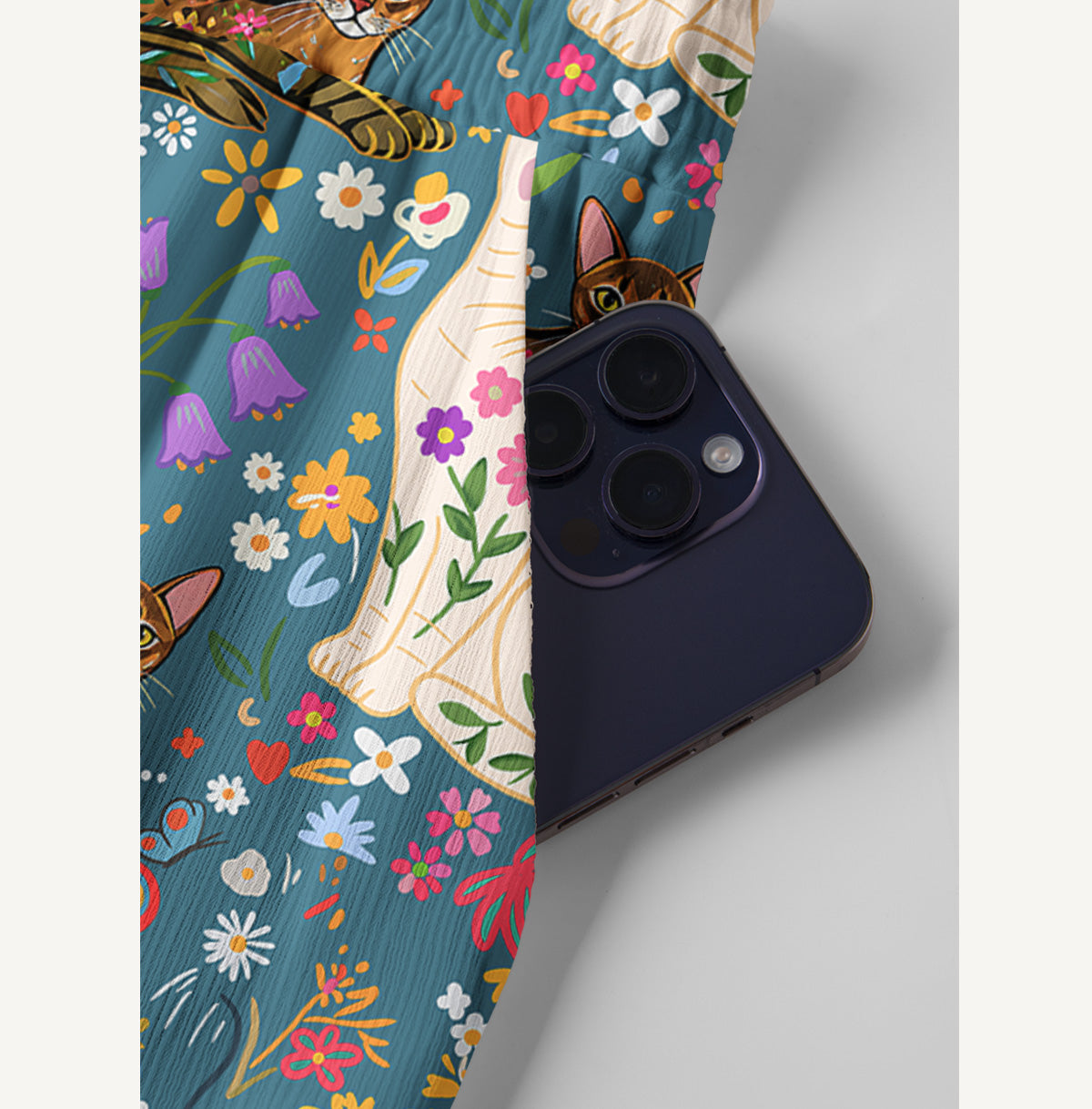 Colorful Garden Cat Pattern Print Wide Leg Tie Waist Pants With Pockets