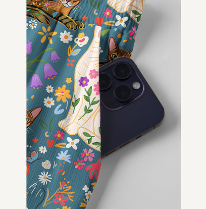 Colorful Garden Cat Pattern Print Wide Leg Tie Waist Pants With Pockets