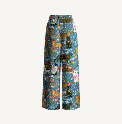 Colorful Garden Cat Pattern Print Wide Leg Tie Waist Pants With Pockets