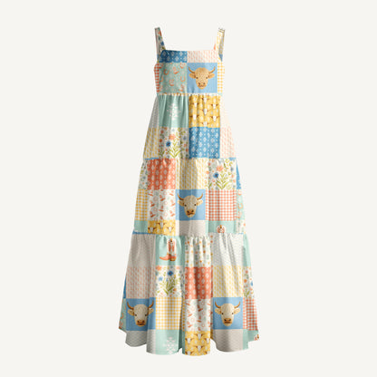 Highland Cow Patchwork Print Wide Straps Maxi Dress With Pockets