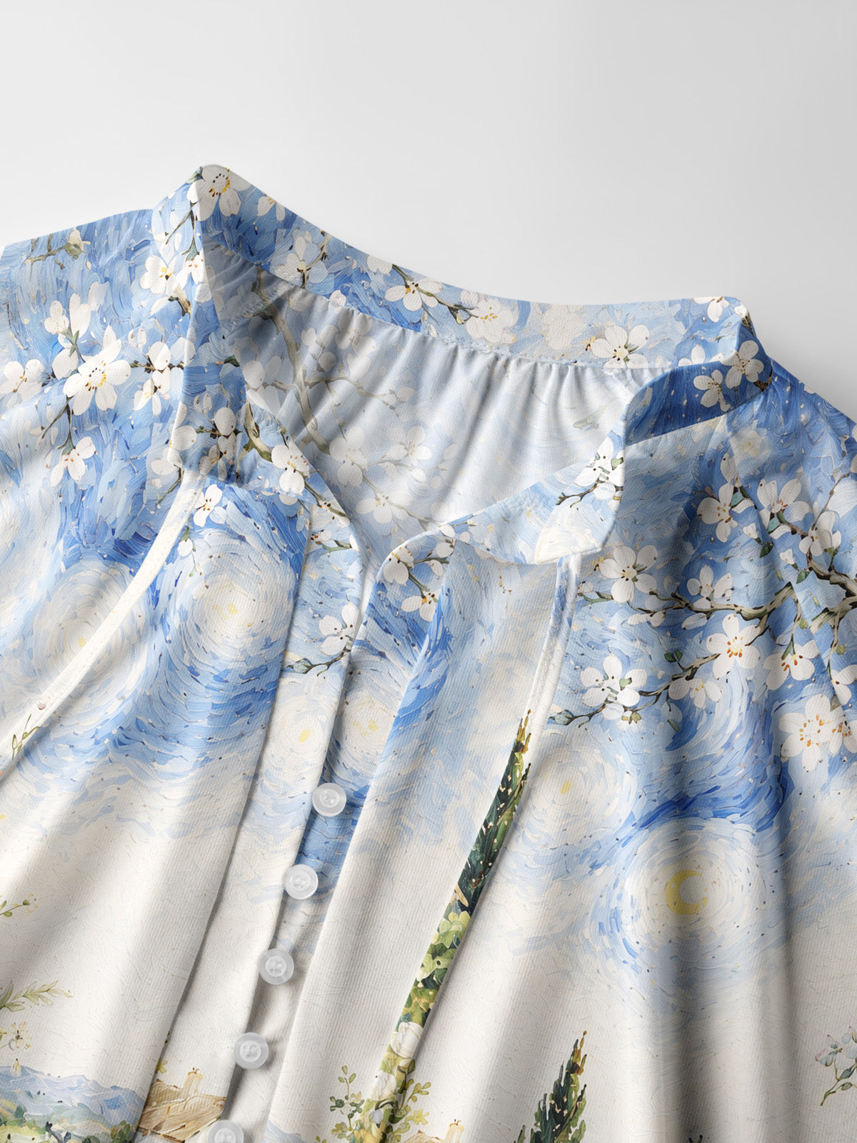 Starlit Flower Pat Print Boho Long Sleeve Tie‑Neck Blouse