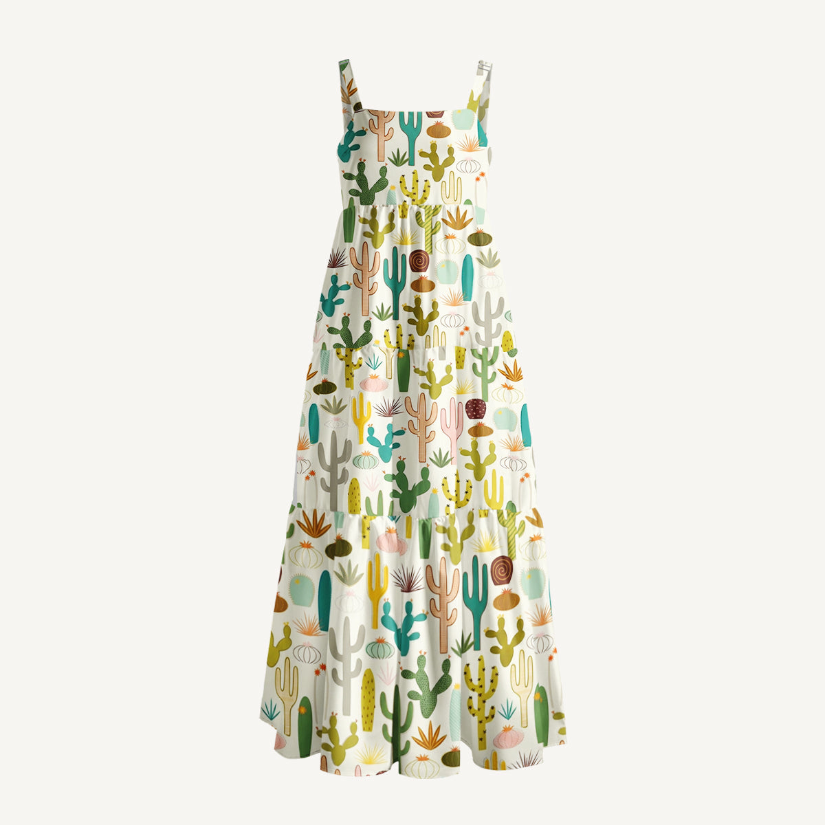 Desert Cactus Garden Print Wide Straps Maxi Dress With Pockets