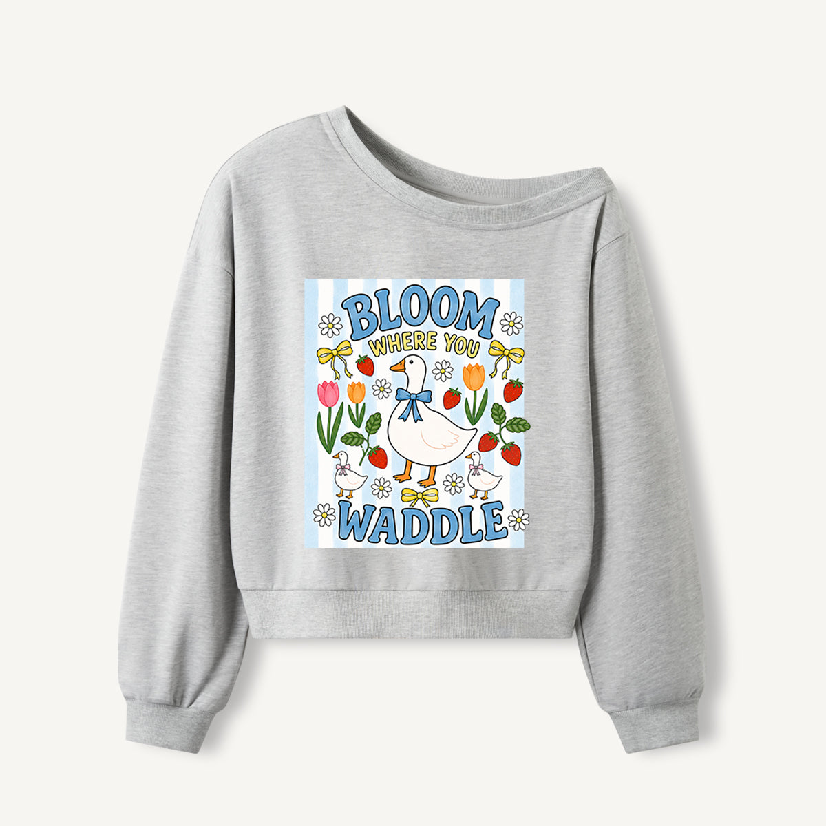 Strawberry Goose Garden Print Off Shoulder Sweatshirts