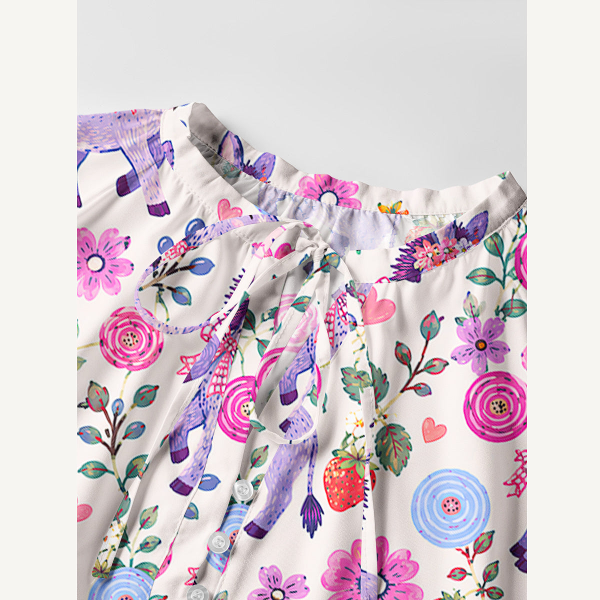 Strawberry Blossom Donkeys Print Boho Tie‑Neck Smock Mini Dress