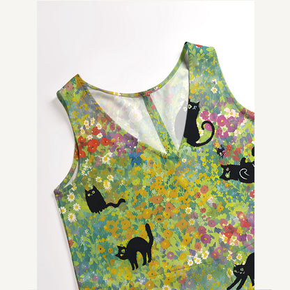 Wildflower Garden Black Cat Print Boho Jumpsuit with Pockets for Women