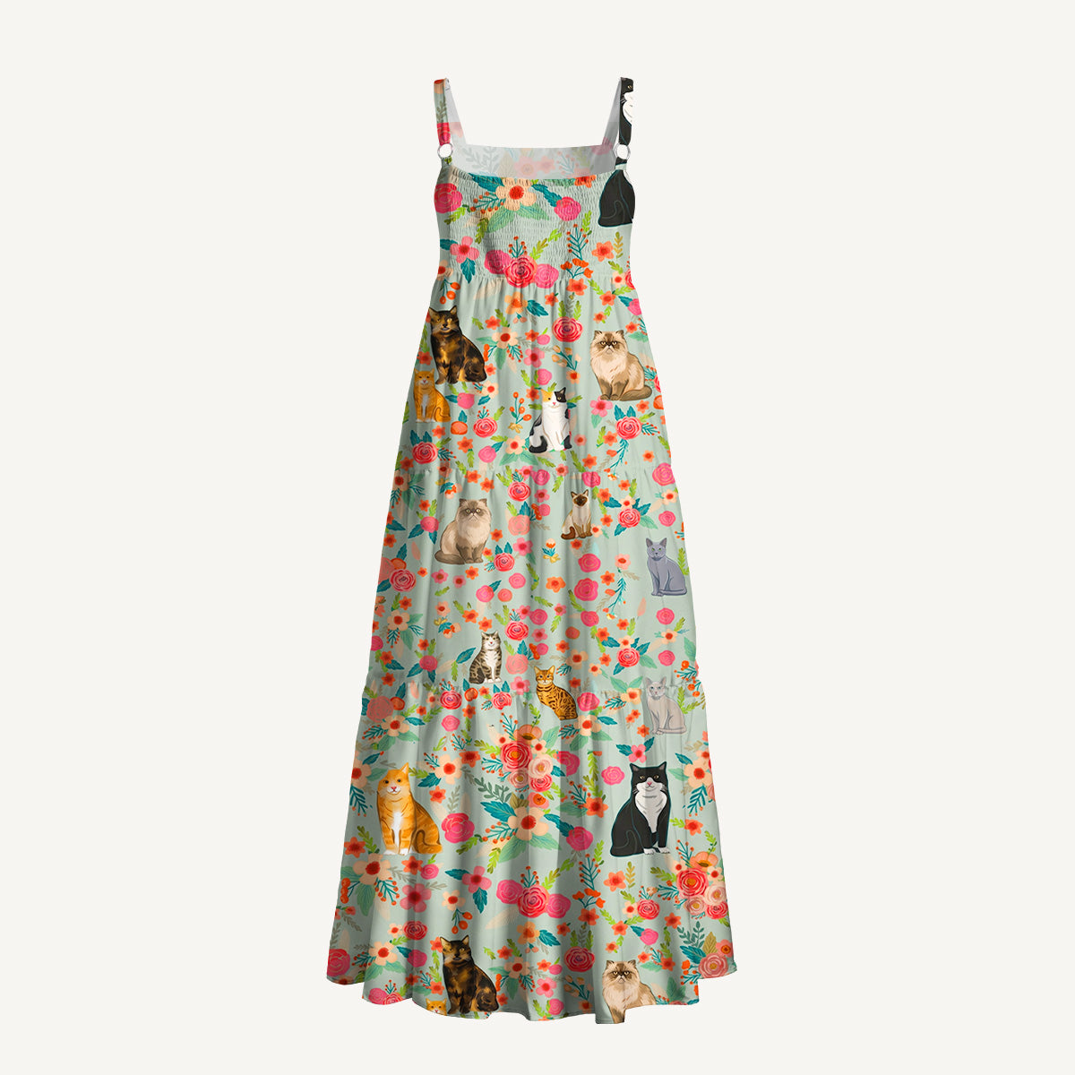 Square Neck Flower Cat Print Wide Straps Maxi Dress With Pockets