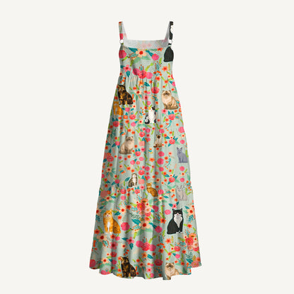 Square Neck Flower Cat Print Wide Straps Maxi Dress With Pockets