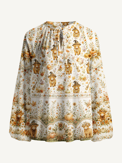 Autumn Pumpkin Patch Highland Cow Print Boho Long Sleeve Tie‑Neck Blouse