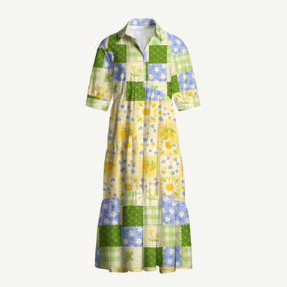 V Neck Collared Pastoral Gingham Patchwork Print Quilt Print Casual Midi Dress With Pockets