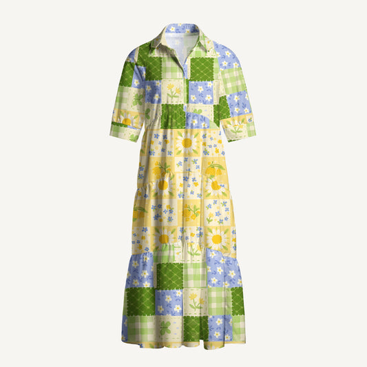 V Neck Collared Pastoral Gingham Patchwork Print Quilt Print Casual Midi Dress With Pockets