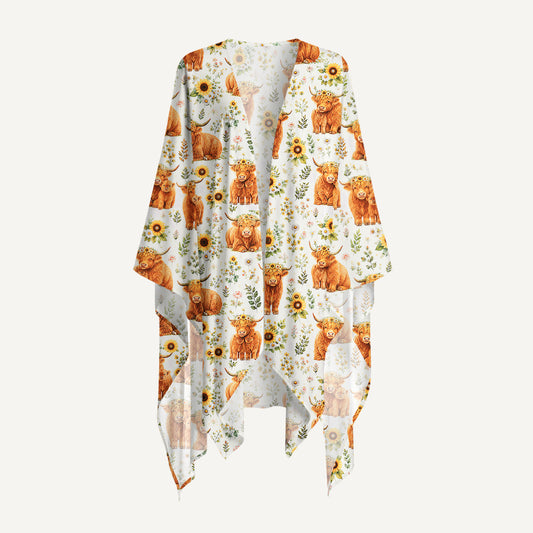 Spring Highland Cow Floral Print Kimono Wrap