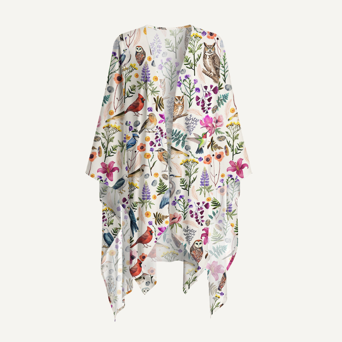 Whimsical Woodland Birds Wildflowers Print Kimono Wrap