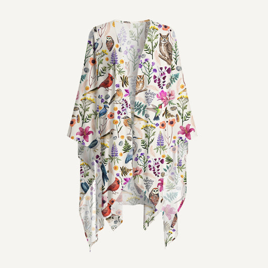 Whimsical Woodland Birds Wildflowers Print Kimono Wrap