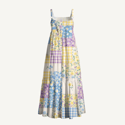 Square Neck Floral Meadow Patchwork Print Wide Straps Maxi Dress With Pockets