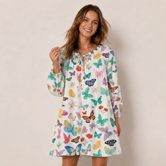 Rainbow Butterfly Garden Print Boho Tie‑Neck Smock Mini Dress