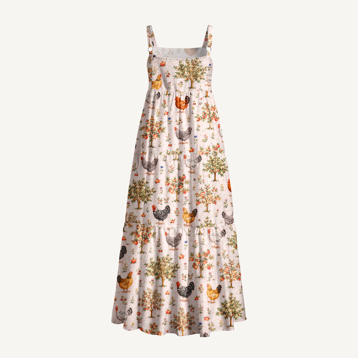 Farm Orchard with Chickens and Trees Print Wide Straps Maxi Dress With Pockets