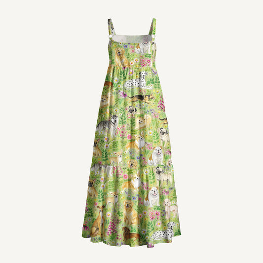 Watercolor Dog and Wildflower Pattern Print Wide Straps Maxi Dress With Pockets