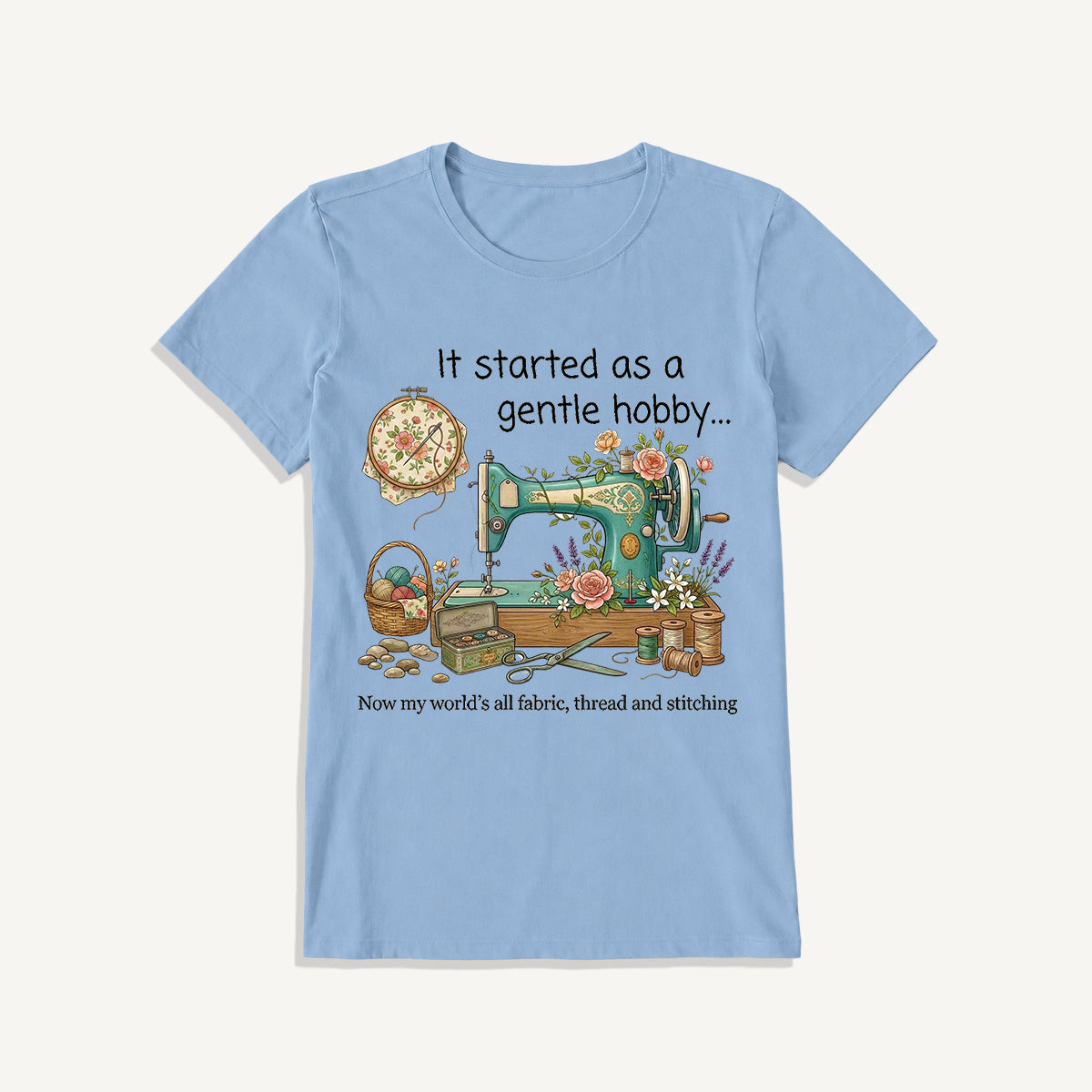 Gentle Hobby Floral Sewing Print Crew Neck Cotton Tee