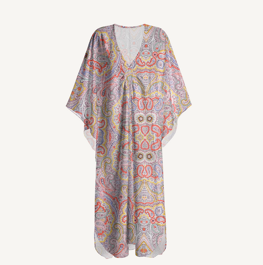 V‑Neck Sunrise Paisley Kimono Sleeve Kaftan Dress