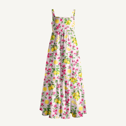 Lemon Garden Print Wide Straps Maxi Dress With Pockets