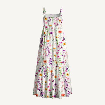 Watercolor Wildflower Print Wide Straps Maxi Dress With Pockets