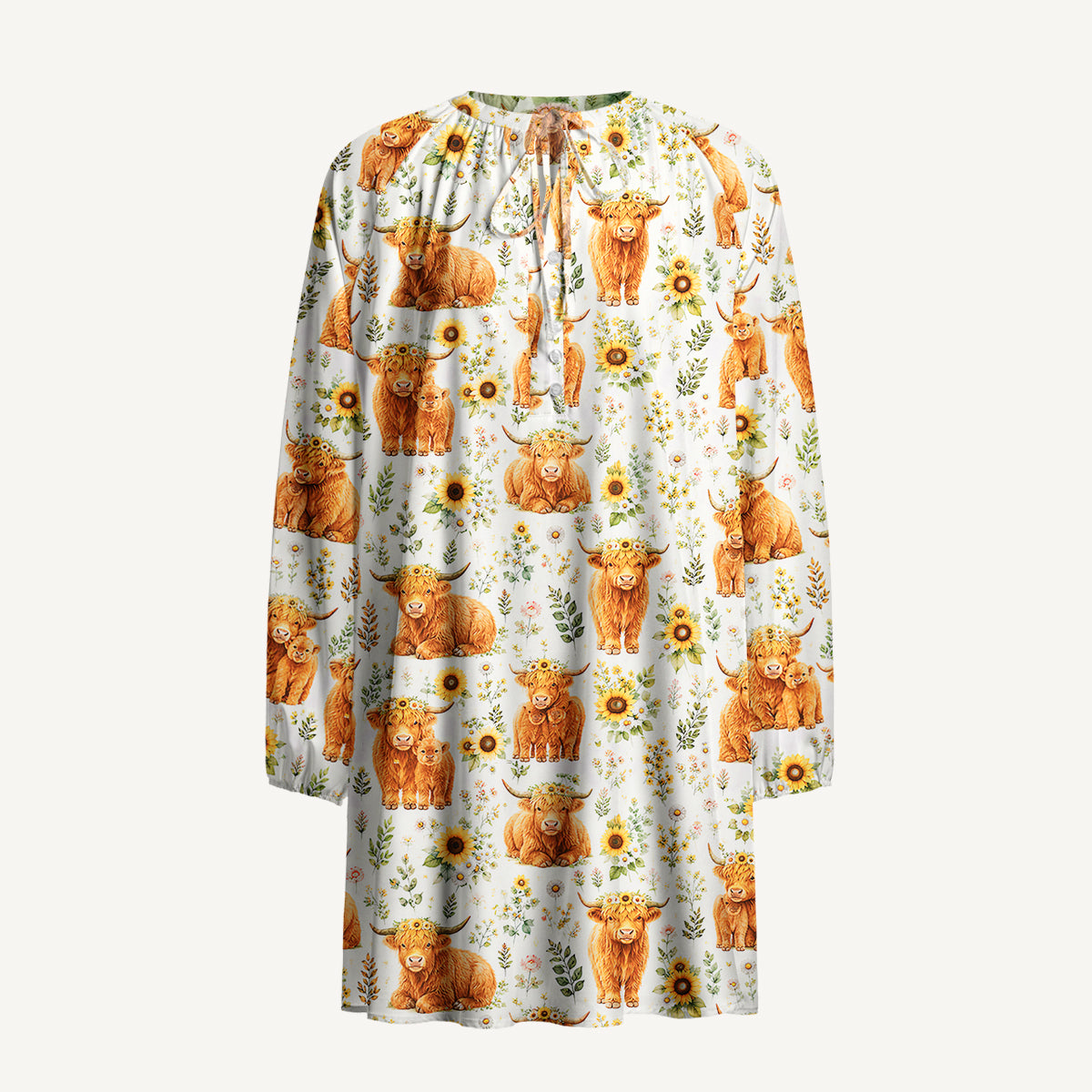 Spring Highland Cow Floral Print Boho Tie‑Neck Smock Mini Dress