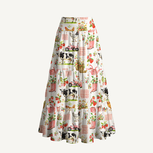 Watercolor Pink Farm Chicken Cow Print Convertible Maxi Skirt & Strapless Dress