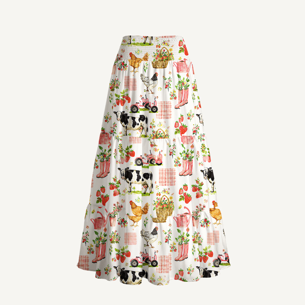 Watercolor Pink Farm Chicken Cow Print Convertible Maxi Skirt & Strapless Dress