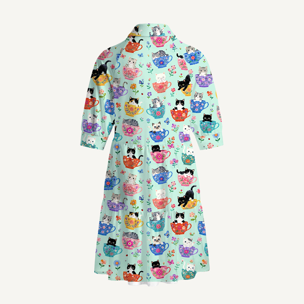 V Neck Collared Cute Teacup Kitten Print Mini Dress For Women With Pockets