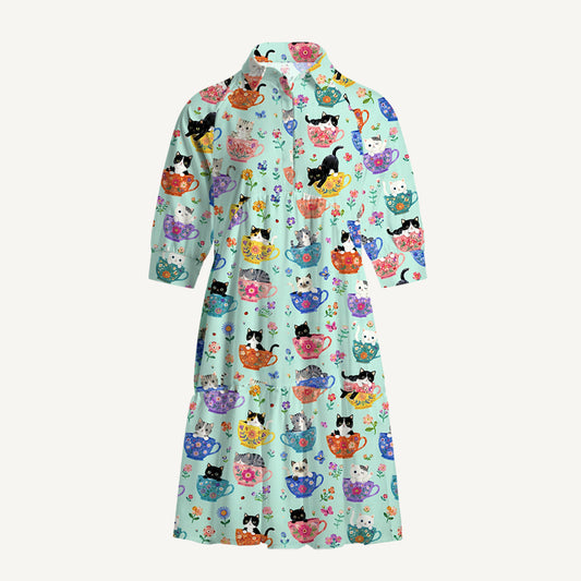 V Neck Collared Cute Teacup Kitten Print Mini Dress For Women With Pockets