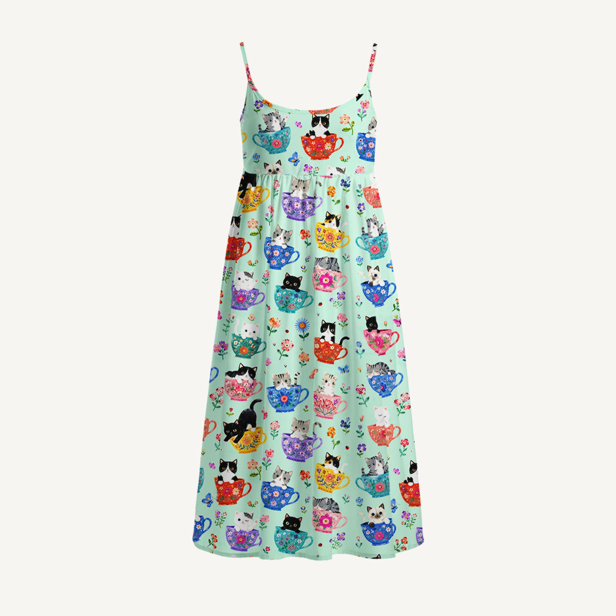 Cute Teacup Kitten Print Spaghetti Strap Mini Dress