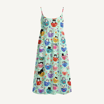 Cute Teacup Kitten Print Spaghetti Strap Mini Dress